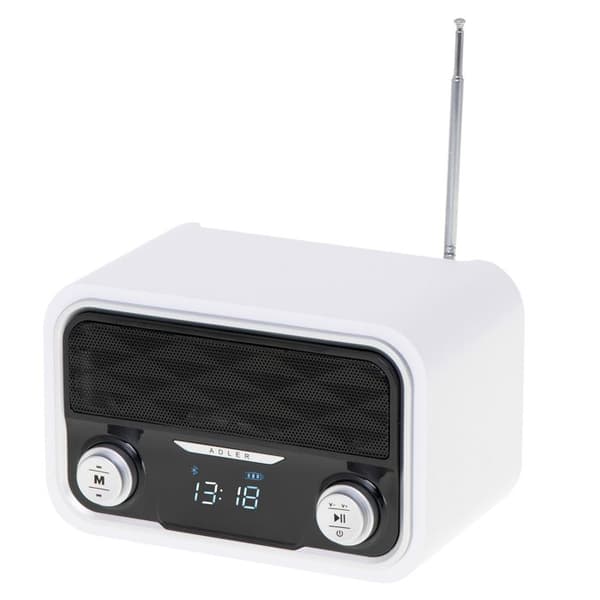 Radio Bluetooth, FM-tuner, MP3-föreläsning, USB-port och SD-kort, Trådlös, Bärbar Adler AD1185 Vit 39181