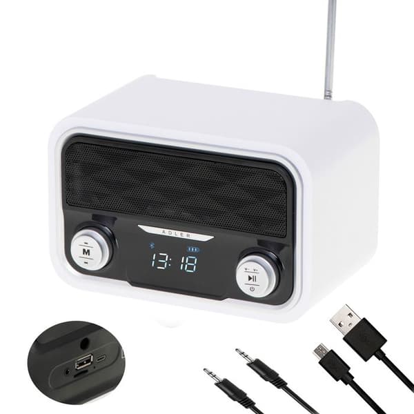Radio Bluetooth, FM-tuner, MP3-föreläsning, USB-port och SD-kort, Trådlös, Bärbar Adler AD1185 Vit 39181