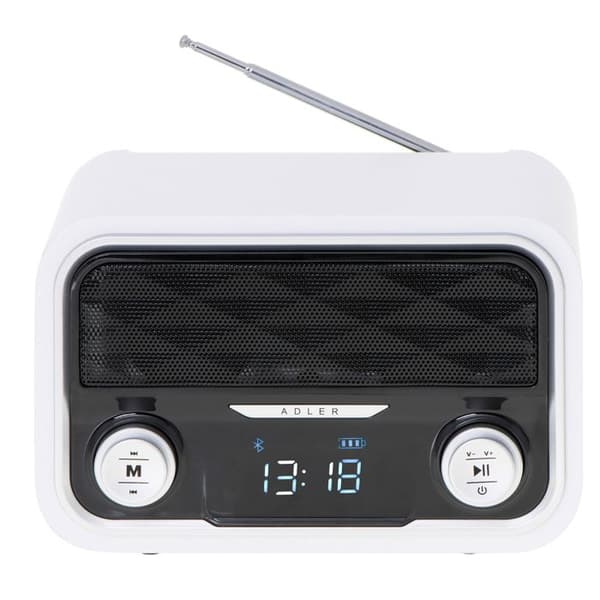Radio Bluetooth, FM-tuner, MP3-föreläsning, USB-port och SD-kort, Trådlös, Bärbar Adler AD1185 Vit 39181