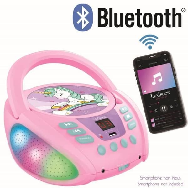 Yksisarvinen kannettava Bluetooth-CD-soitin valotehosteilla ja USB:llä