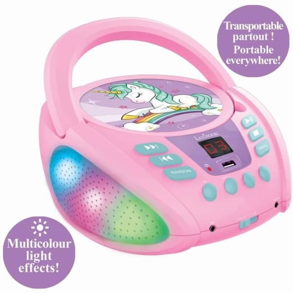 Yksisarvinen kannettava Bluetooth-CD-soitin valotehosteilla ja USB:llä
