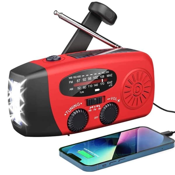 Radio Survie-Radio Dynamo-Manivelle och Solenergi, 2000mA, med LED-ficklampa, SOS-larm, AM/FM/WB-väder - för nödladdning