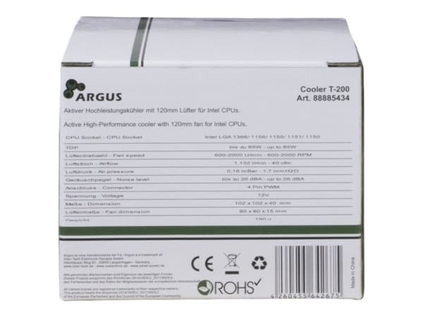 Argus T-200 - Processorkylare - (för: LGA1156, LGA1155, LGA1150, LGA1151, LGA1200) - koppar - 80 mm