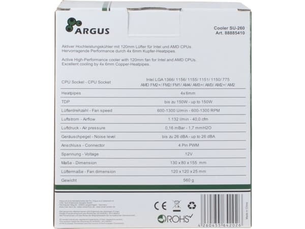 Argus SU-260 - Prosessorkjøler - (for: LGA775, LGA1156, AM2, AM2+, LGA1366, AM3, LGA1155, AM3+, FM1, FM2, LGA1150, LGA1151, AM4, LGA1200) - aluminium