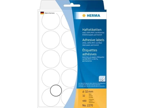 HERMA - Permanent klæbemiddel - hvit - 32 mm rund 480 etikett(r) (32 ark x 15) etiketter