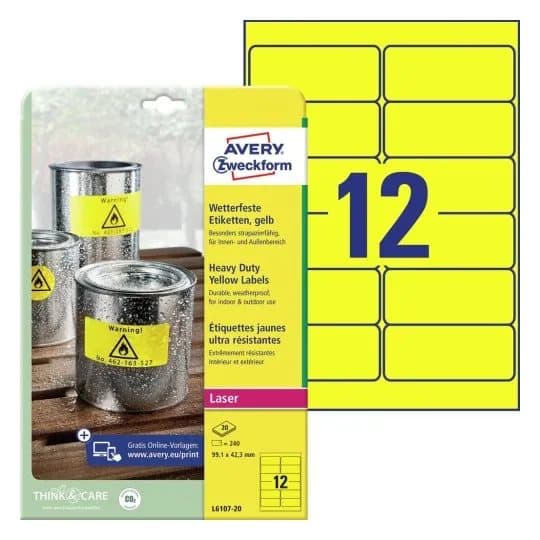 Etiket Avery Zweckform L6107-20 stærk gul 99,1x42,3 mm - (20 ark x 12 stk.)