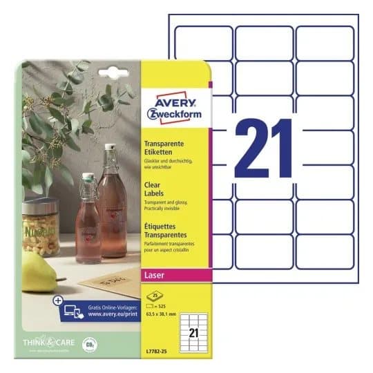 Laseretiket Avery L7782-25 Crystal Clear 63,5x38,1mm 21/ark 25ark/pak - (525 stk.)