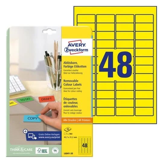 Avery L6041 - Gul - 21,2 x 45,7 mm 960 st (20 ark x 48) etiketter