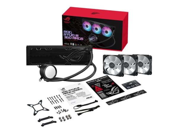 ASUS ROG Ryuo III 360 ARGB, Nestejäähdytyspakkaus, 12 cm, 2200 RPM, 36,45 dB, 70,07 cfm, Musta