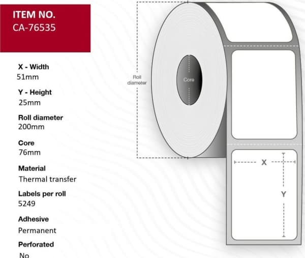 Label 51 x 25mm, Core 76mm, Thermal Transfer, Polyester,