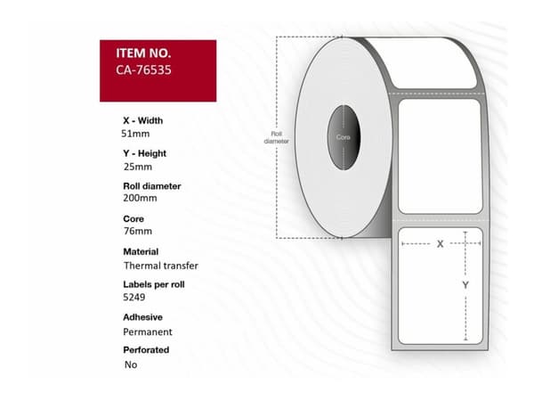 Label 51 x 25mm, Core 76mm, Thermal Transfer, Polyester,