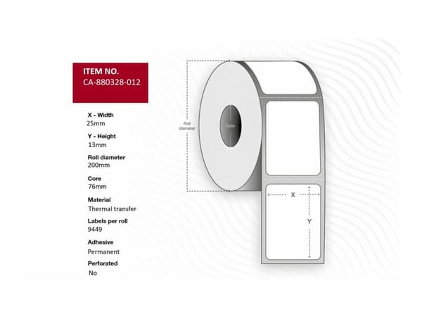 Label 25 x 13mm, Core 76mm,  Thermal Transfer, Polyester,