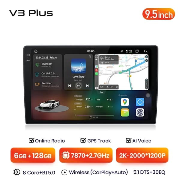Auton radio, 2K-resoluutio, langaton CarPlay, V3 Plus (6GB-128GB) - 95 tuumaa