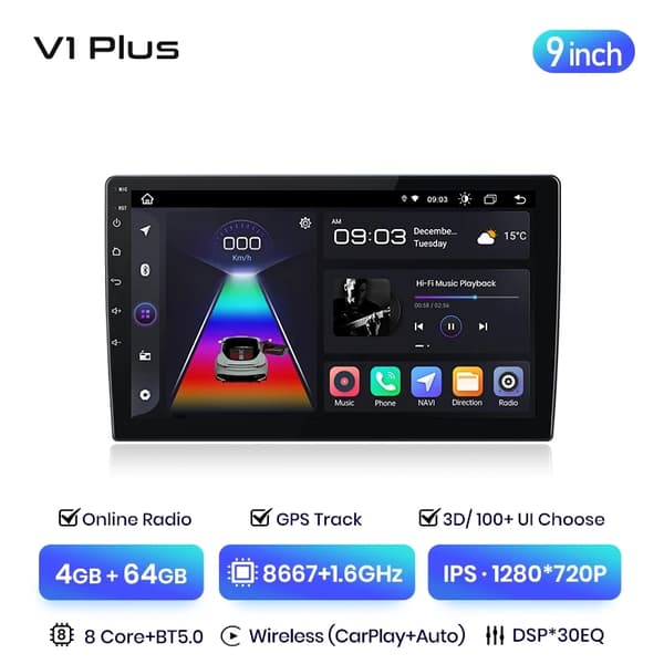 Auton radio, 2K-resoluutio, langaton CarPlay, V3 Plus (6GB-128GB) - 95 tuumaa