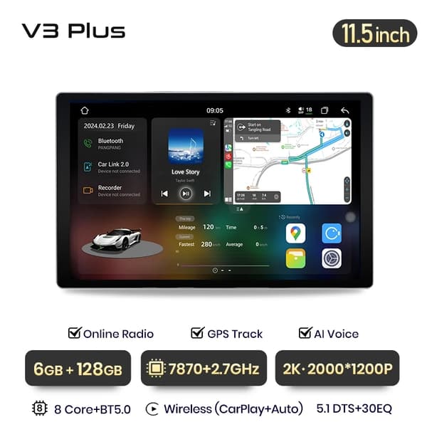 Auton radio, 2K-resoluutio, langaton CarPlay, V3 Plus (6GB-128GB) - 95 tuumaa