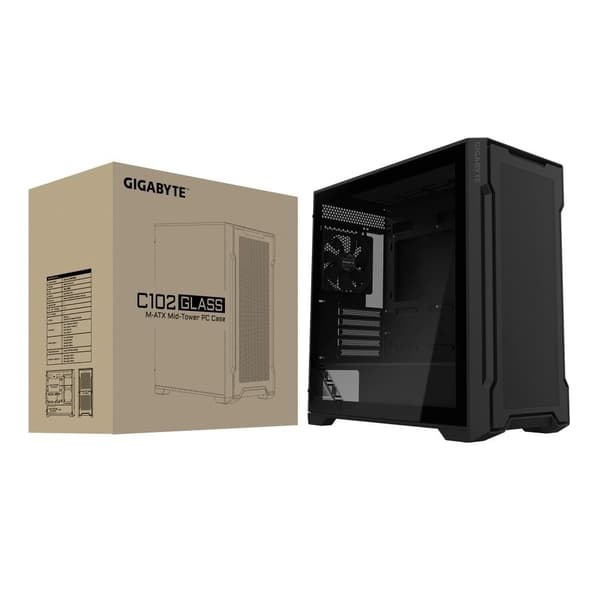 Etui gb-c102g (miditower, etuiet har gennemsigtigt panel, medfølger ikke, microatx, miniitx, farve sort), Gigabyte