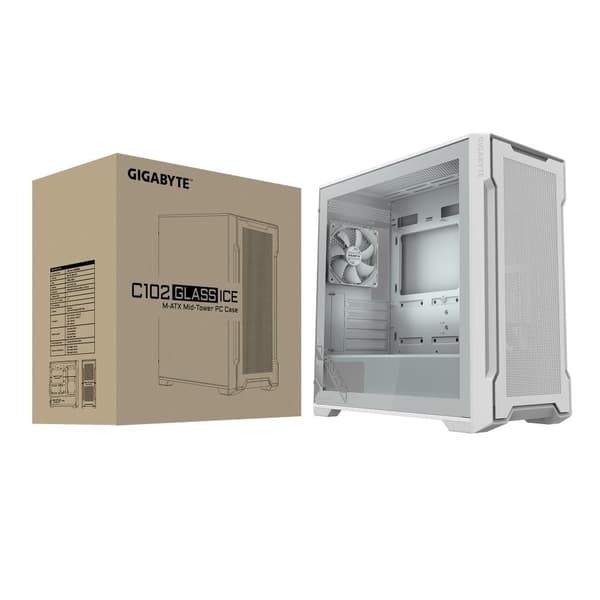 Etui gb-c102gi (miditower, etuiet har gennemsigtigt panel, medfølger ikke, microatx, miniitx, farve hvid), Gigabyte