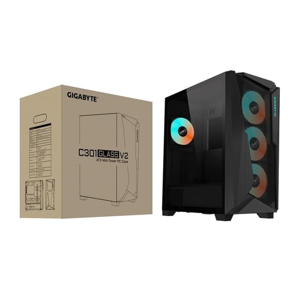Etui c301g v2 sort (miditower, etuiet har gennemsigtigt panel, medfølger ikke, atx, eatx, microatx, miniitx), Gigabyte