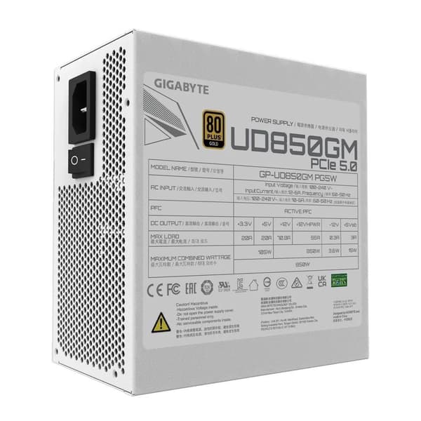 Strømforsyning 850 watt (effektivitet 80 plus guld, pfc active, mtbf 100000 timer, gp-ud850gmpg5w), Gigabyte