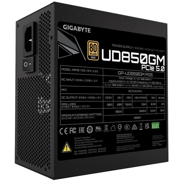 Power Supply GIGABYTE 850 Watts (Efficiency 80 PLUS GOLD, PFC Active, MTBF 100000 hours, GP-UD850GMPG5)