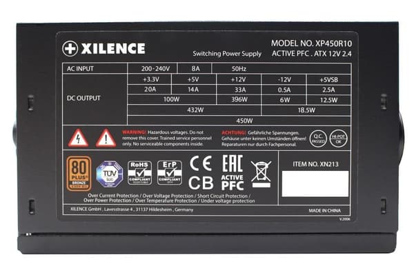 Virtalähde 450 wattia (tehokkuus 80 plus pronssi, pfc active, xn213), Xilence