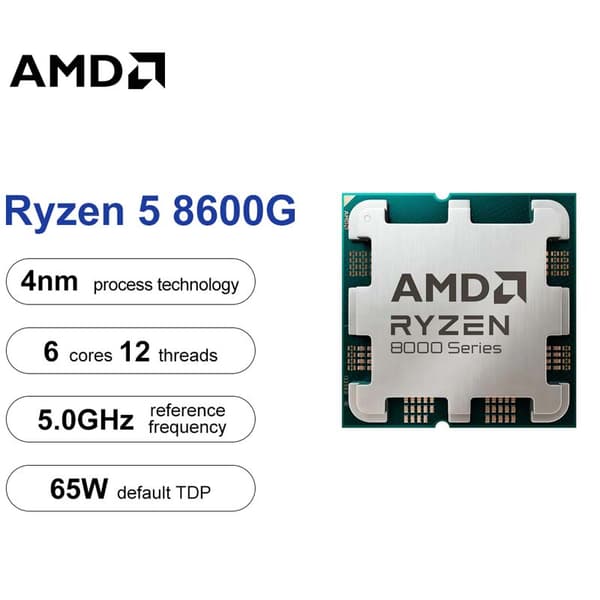 AMD Ryzen 5 8600G -suoritin, 6-ytiminen rakenne, 5,0 GHz maksimikellotaajuus, integroitu AMD Radeon -grafiikka