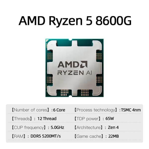 AMD Ryzen 5 8600G -suoritin, 6-ytiminen rakenne, 5,0 GHz maksimikellotaajuus, integroitu AMD Radeon -grafiikka