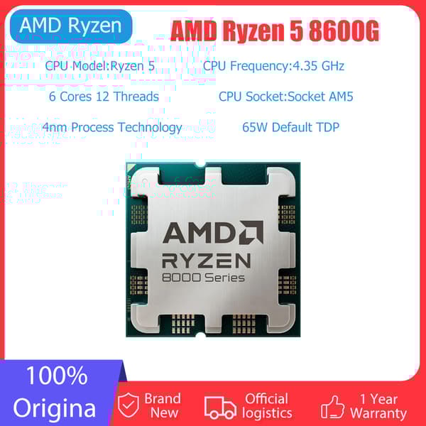 AMD Ryzen 5 8600G -suoritin, 6-ytiminen rakenne, 5,0 GHz maksimikellotaajuus, integroitu AMD Radeon -grafiikka