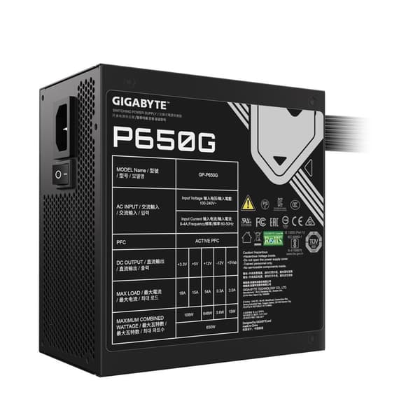 Strømforsyning gp-p650g (650 watt, effektivitet 80 pluss gull, pfc active, mtbf 100000 timer, gp-p650g), Gigabyte