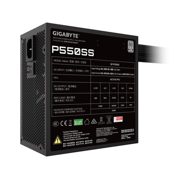 Strømforsyning 550 watt (effektivitet 80 pluss sølv, pfc active, mtbf 100 000 timer, gp-p550ss), Gigabyte
