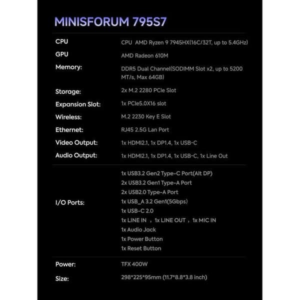 MINIS FORUM 795S7 Mini PC AMD Ryzen 9 7945HX Processor 16C/32T upp till 5,4 GHz AMD Radeon 610M GPU Barebone utan RAM DDR5 Max 64