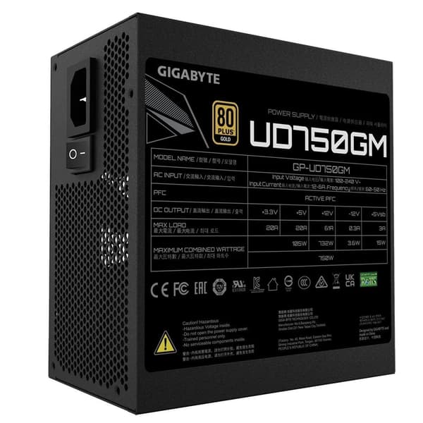 Strømforsyning gp-ud750gm (750 watt, effektivitet 80 pluss gull, pfc active, mtbf 100000 timer, gp-ud750gm), Gigabyte