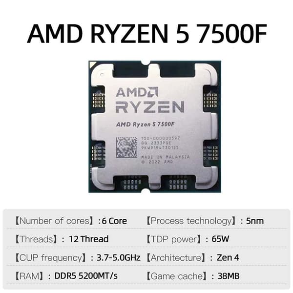 AMD Ryzen 5 7500F CPU, 6 kärnor, 12 trådar, 5,0 GHz max boost
