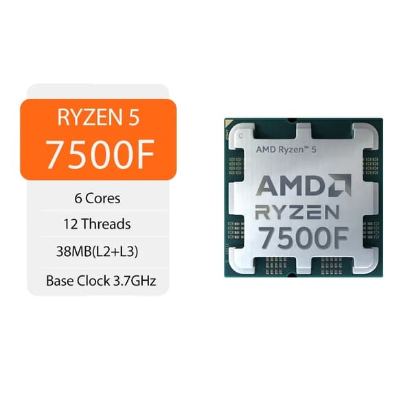 AMD Ryzen 5 7500F CPU, 6 kärnor, 12 trådar, 5,0 GHz max boost