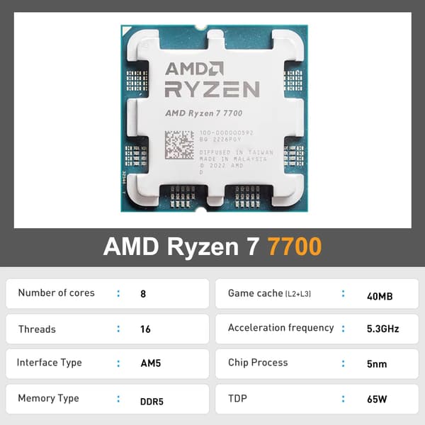 AMD Ryzen 7 7700-processor, 8 kärnor, 16 trådar, maximal boost-klocka 5,3 GHz
