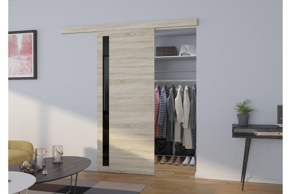 LIRINA Skjutdörr Garderob 96x205 cm Ljus Sonomaek/Svart