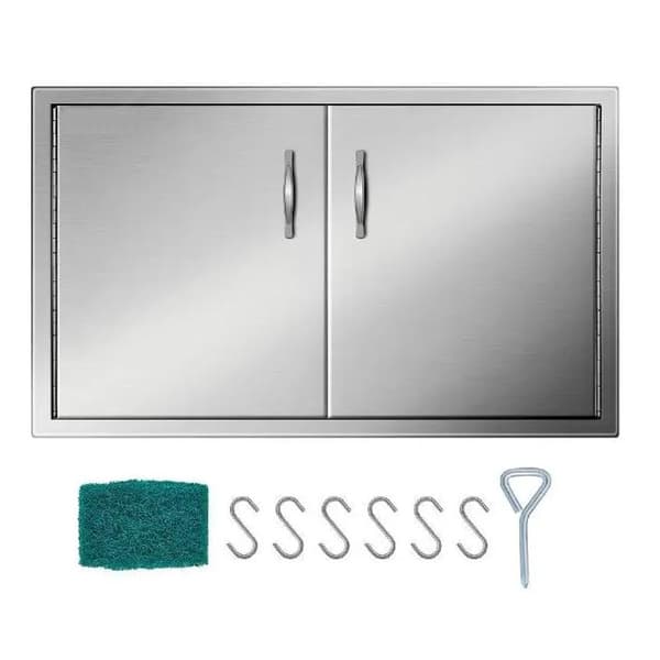 34x19" dubbla åtkomst uteköksdörrar med bekväm handtag, 6 krokar och förborrade hål, magnetstängningssystem, bred applikation