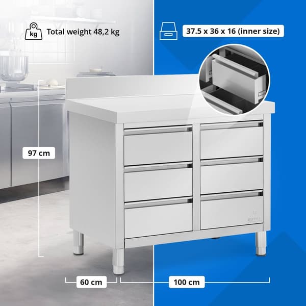 Arbetsskåp i rostfritt stål - 100 x 60 cm - 72 kg - 6 lådor - med uppstånd - Royal Catering