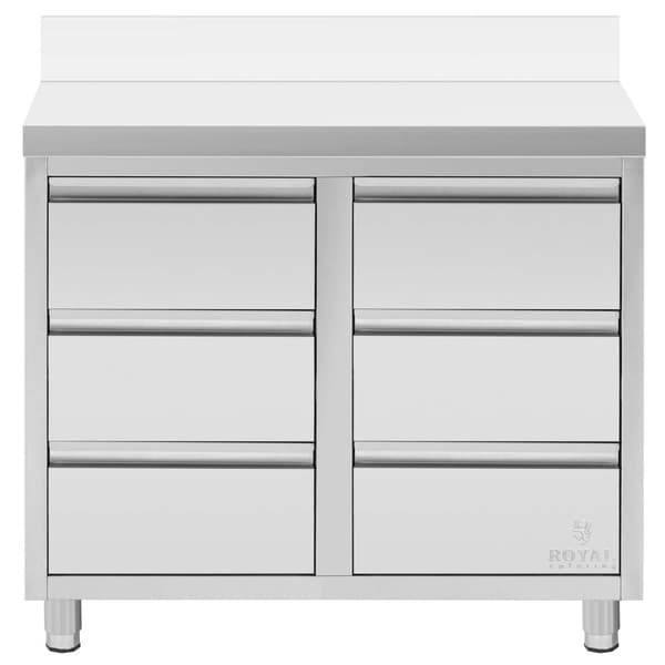 Arbetsskåp i rostfritt stål - 100 x 60 cm - 72 kg - 6 lådor - med uppstånd - Royal Catering