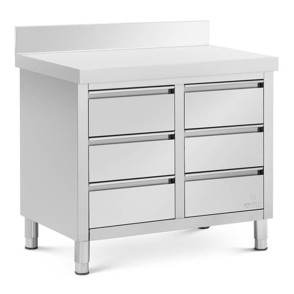 Arbetsskåp i rostfritt stål - 100 x 60 cm - 72 kg - 6 lådor - med uppstånd - Royal Catering