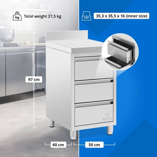 Arbetsskåp i rostfritt stål - 50 x 60 cm - 186 kg - 3 lådor - med uppstånd - Royal Catering