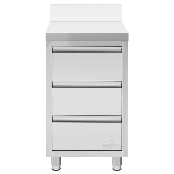 Arbetsskåp i rostfritt stål - 50 x 60 cm - 186 kg - 3 lådor - med uppstånd - Royal Catering