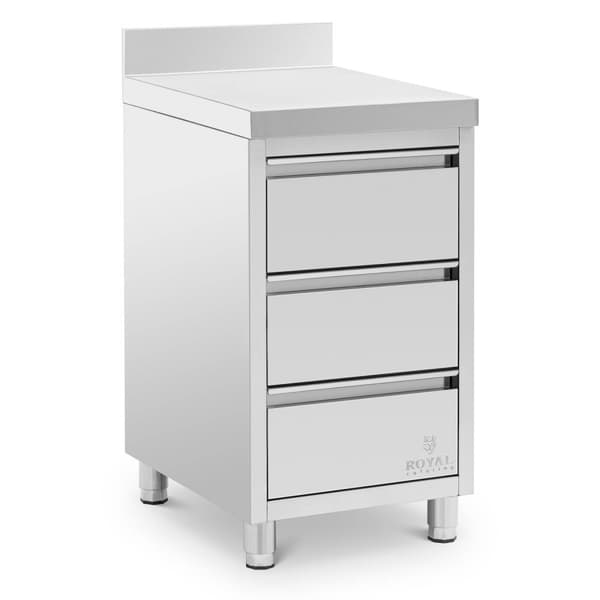 Arbetsskåp i rostfritt stål - 50 x 60 cm - 186 kg - 3 lådor - med uppstånd - Royal Catering