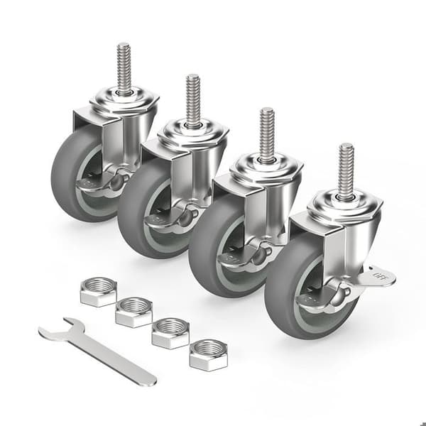Set med 4 gängade spindelhjul - 75 mm möbelhjul med bromsar - M10 x 1,5 x 30 mm, silver, 4 bromsade