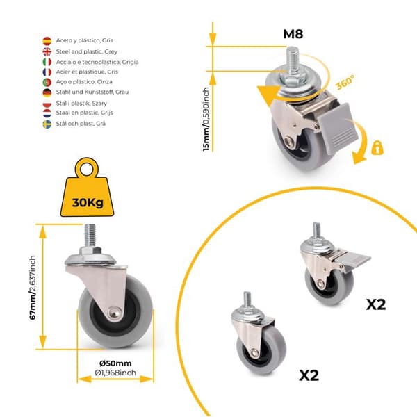 Emuca Set med 4 grå-svarta glidhjul med bult, diameter 50 mm, stål och plast, grå plast
