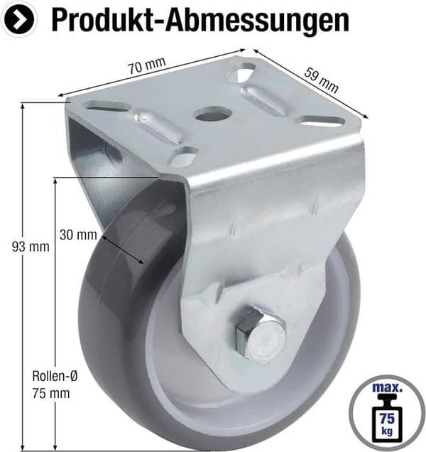 Hjul - hjul Meister - 802910 - Fast polyuretanhjul Diameter 75 mm, 70 x 59 mm, rullager