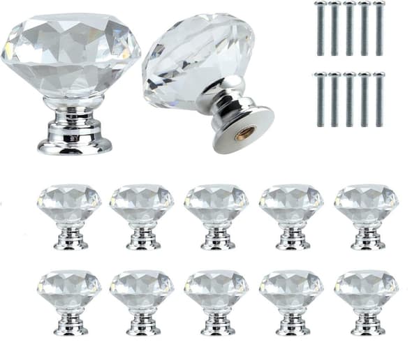 Lollanda Krystal Knopper 10 stk – Diamantformede Knopper i Glas Transparent/Sølv, Skabshåndtag Skuffehåndtag med Skruer til Skab