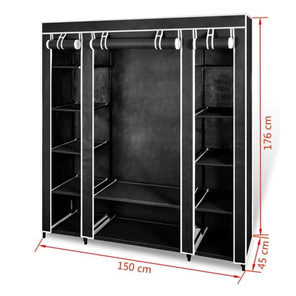 vidaXL Vaatekaappi lokeroilla ja tangoilla kangas 45x150x176 cm musta