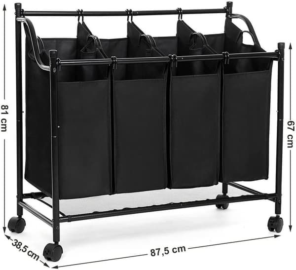 Tvättkorg -Tvättvagn med 4 avtagbara tygpåsar, 4 x 35L, Svart