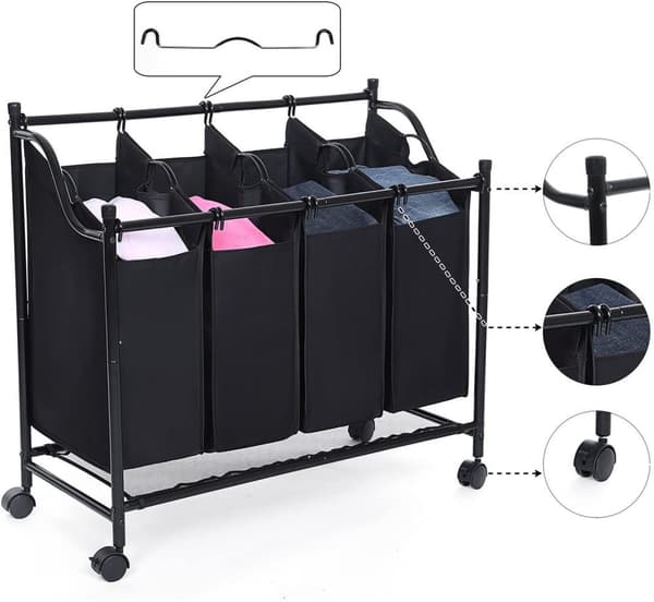 Tvättkorg -Tvättvagn med 4 avtagbara tygpåsar, 4 x 35L, Svart